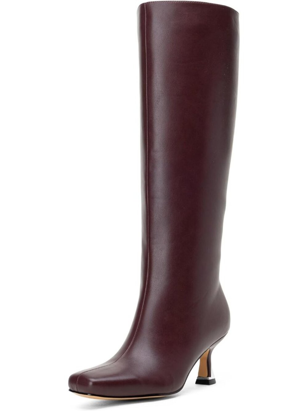 Women's Burgundy Square Toe Kitten Low Heel with Zipper Tall Knee High Boots